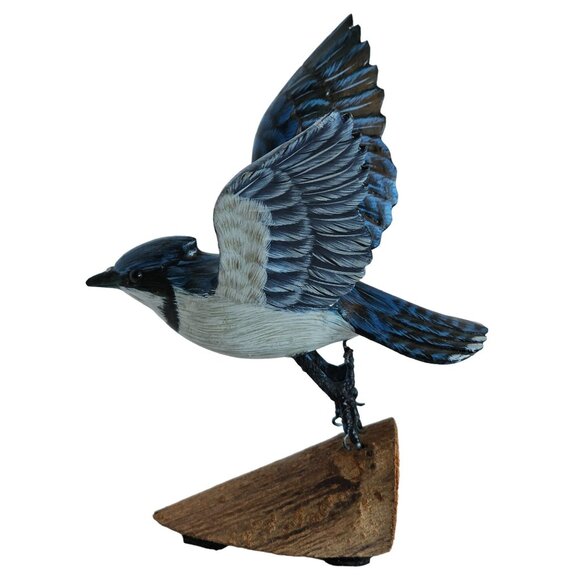 Handcrafted Blue Jay Bird Figurine On Wooden Base - Picture 3 of 12